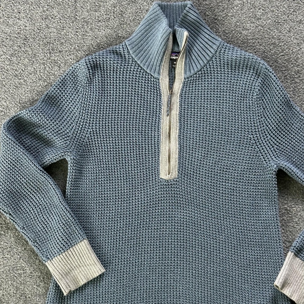 Patagonia Sweater Womens XS Blue Ponderosa Pine 1/4 Zip Waffle Knit